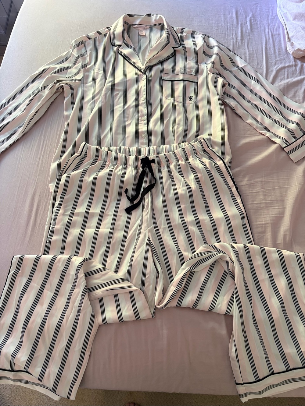Victoria's Secret White Pajama Set with Black & Pink Stripes (new without tag)